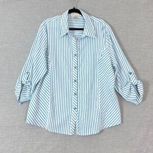 Drapers & Damon Top Womens 2X Button Up Roll Tab Sleeves Striped Blue Textured